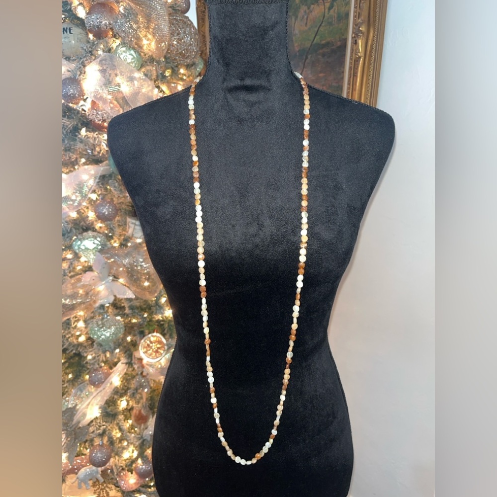 Long 46” Natural Bead Necklace – Earth Tones – Boho Layering Slip-On